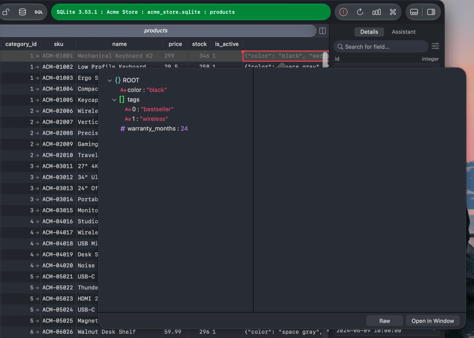 The JSON editor popover showing the metadata column of a product in Tree view