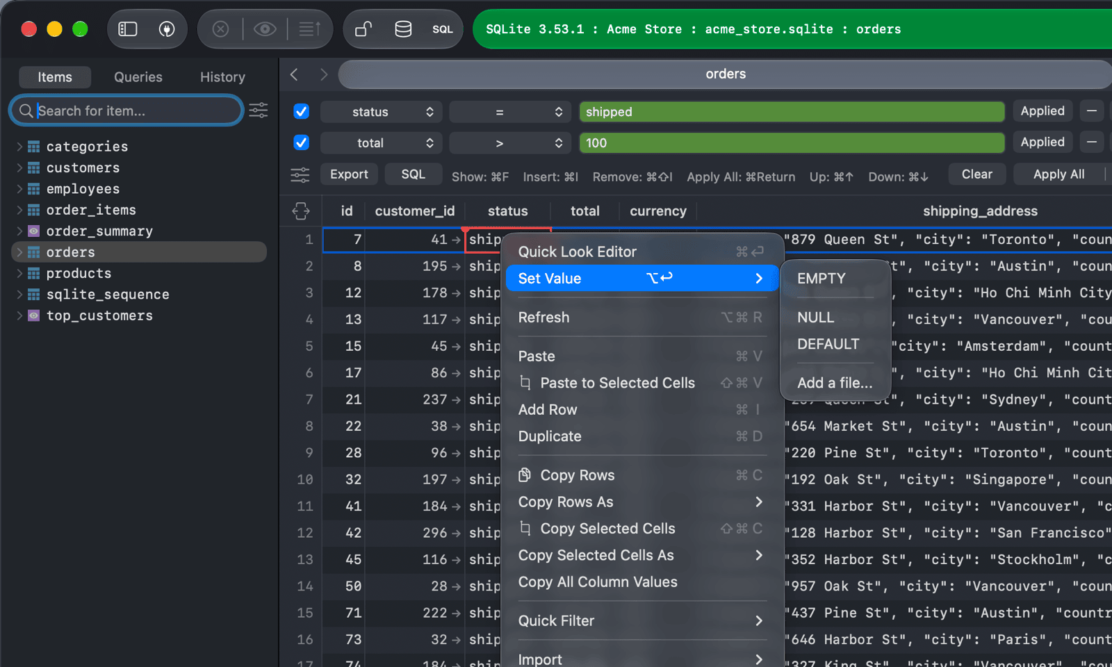 Set Value submenu on the status cell of the orders table with EMPTY, NULL, DEFAULT and Add a file...
