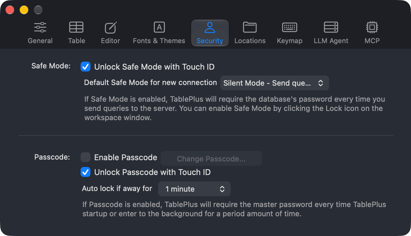 The Security preferences with Unlock Safe Mode with Touch ID checked