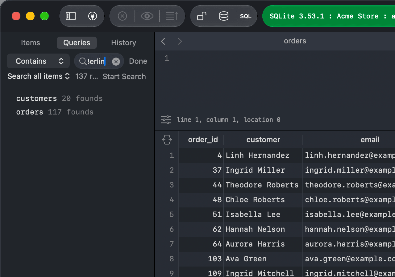 Search in Database in the left sidebar with results for Berlin in the customers and orders tables