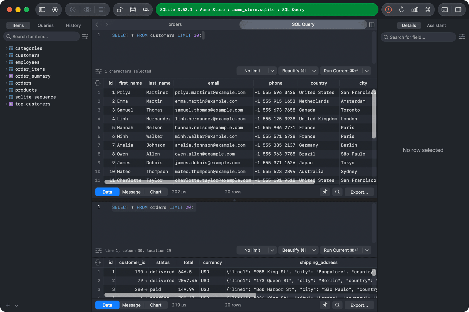 Two SQL editors split down in the same tab, each with its own result
