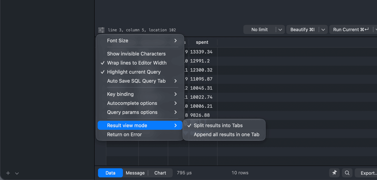 The Result view mode submenu