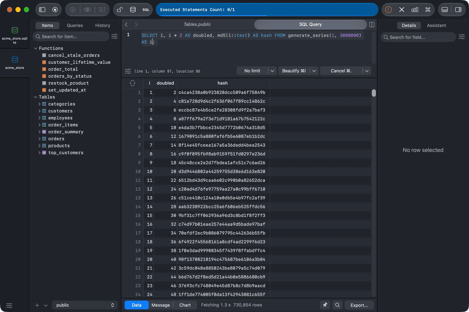 A query result that is still loading, with the Cancel button on the run bar
