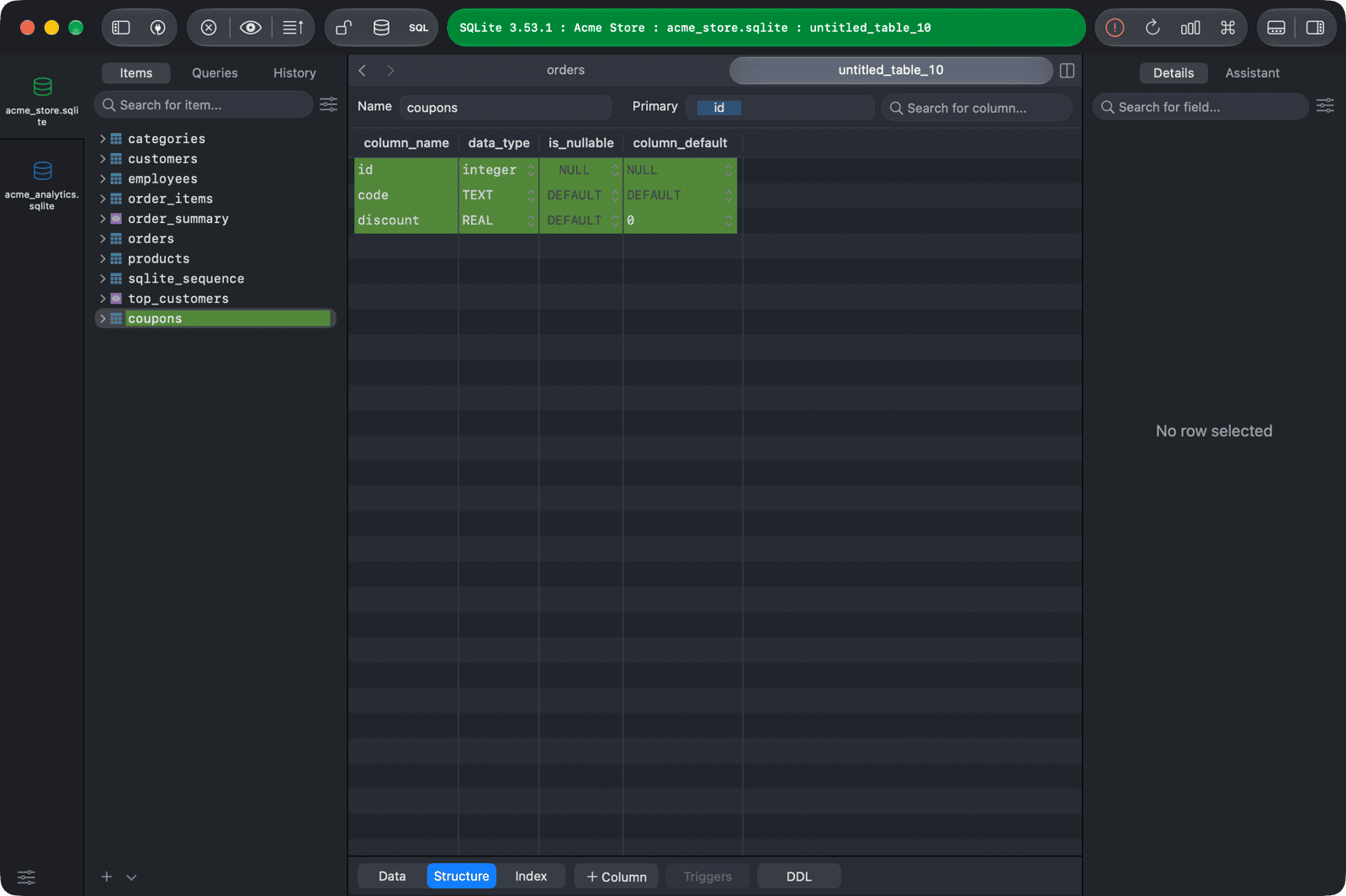 New table in the Structure tab with three columns