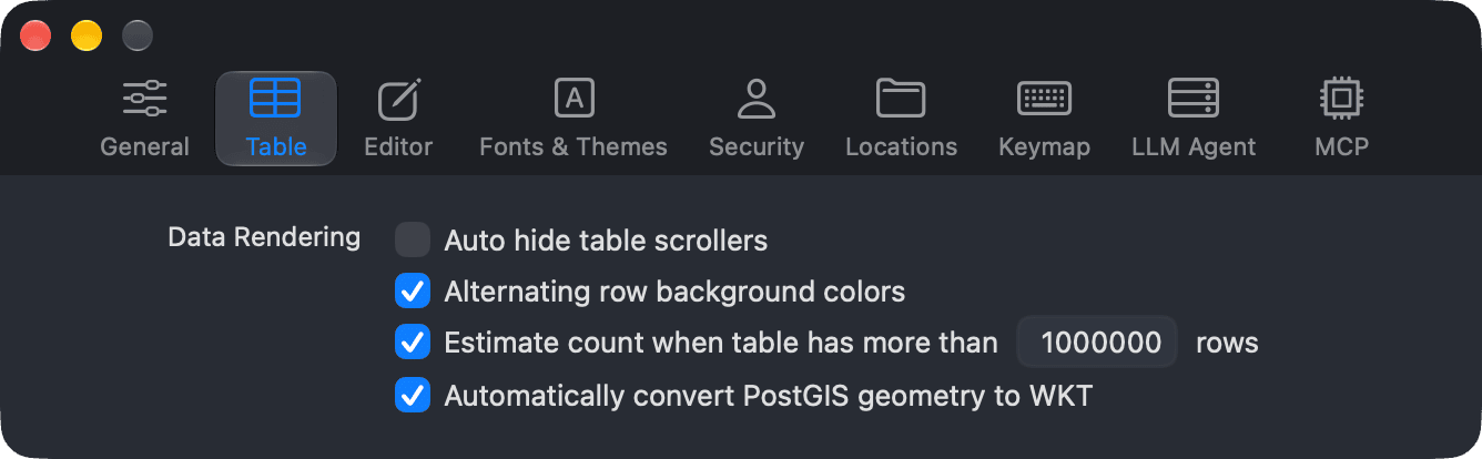 The Table tab of the Preferences window