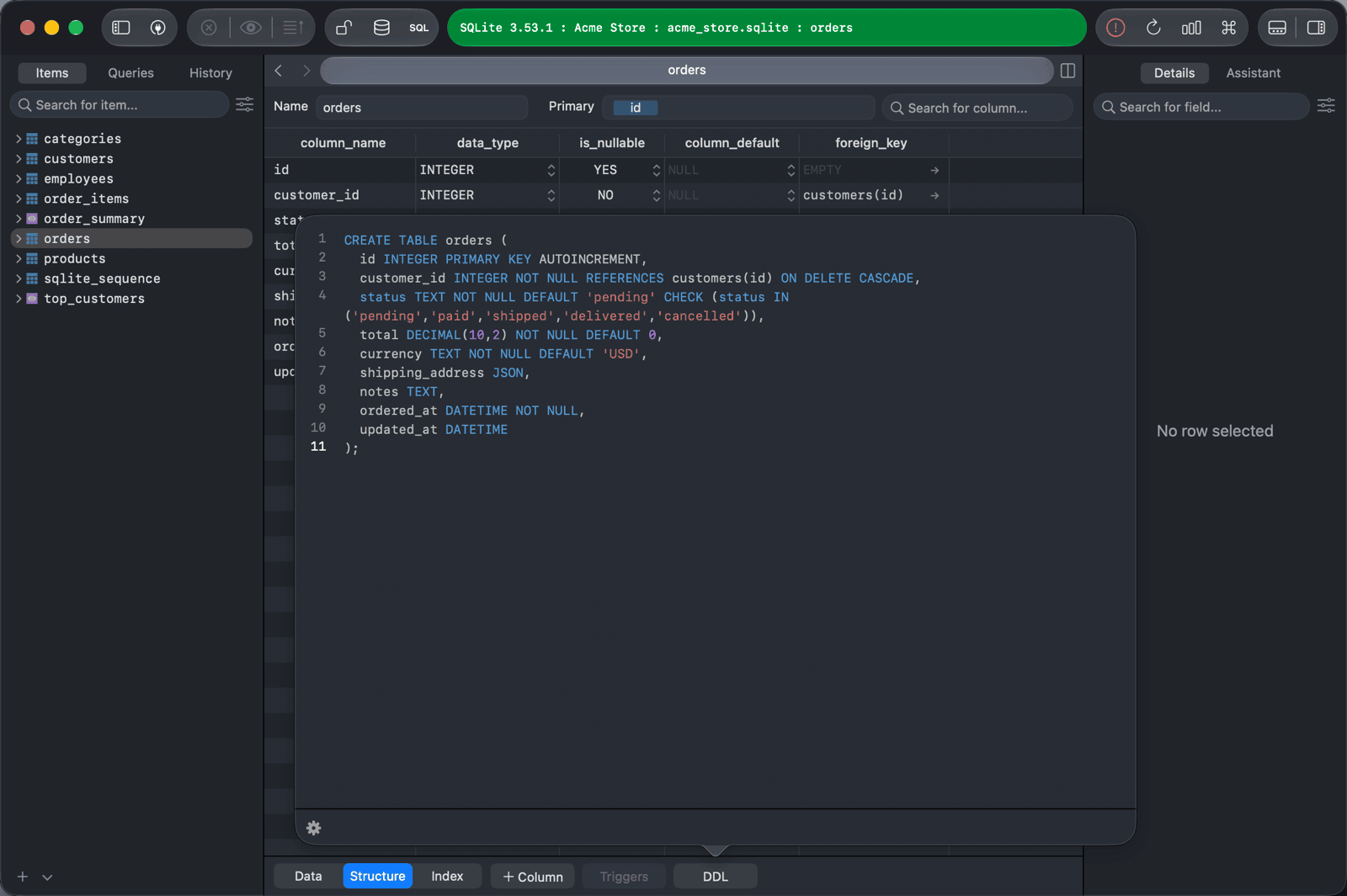 DDL popover above the bottom bar showing the CREATE TABLE statement of the orders table