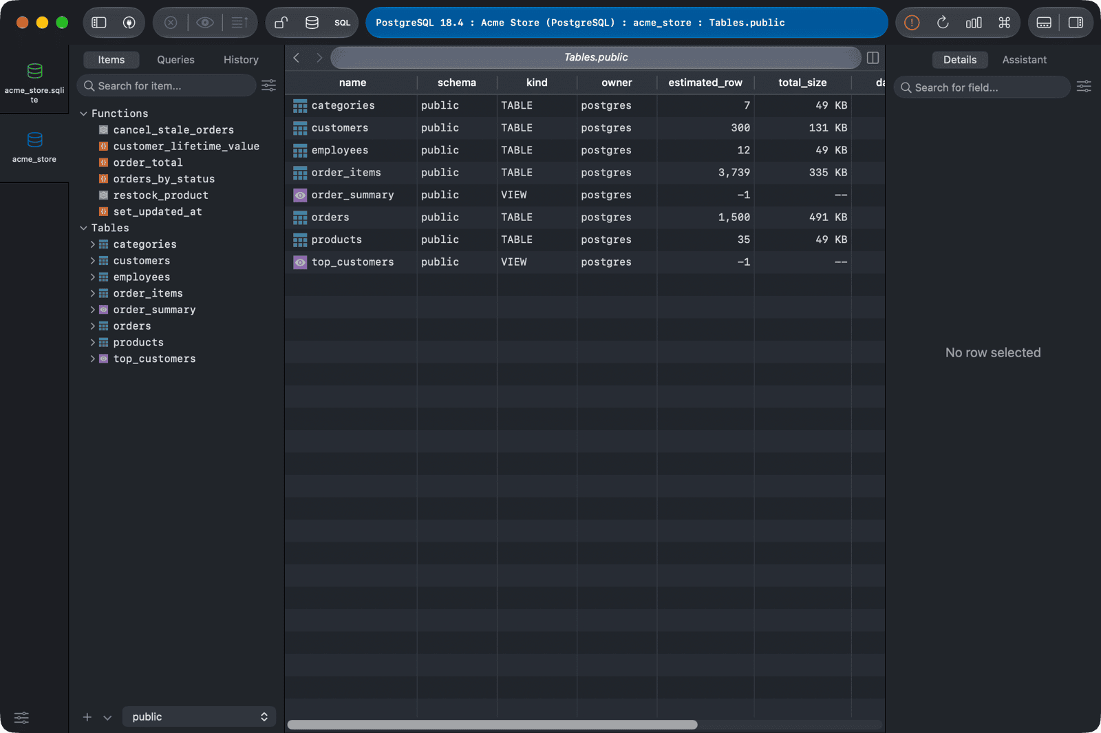 Table overview of a PostgreSQL database listing tables with their schema, kind, owner and size