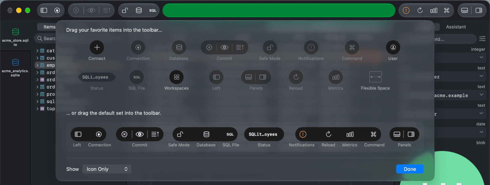 The Customize Toolbar sheet with all available items