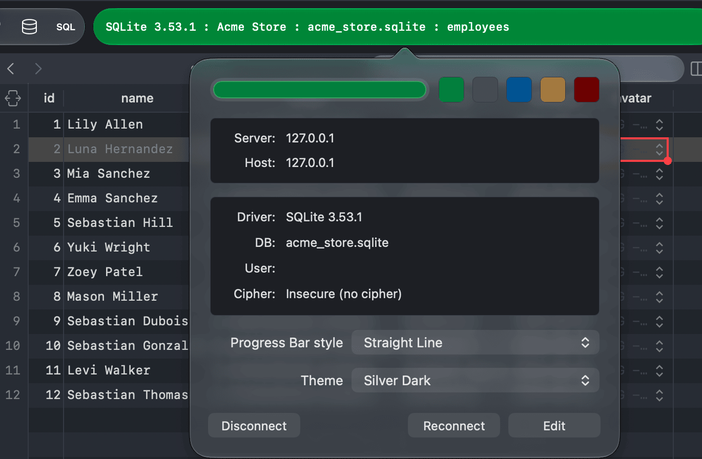 The connection info popover open from the status bar