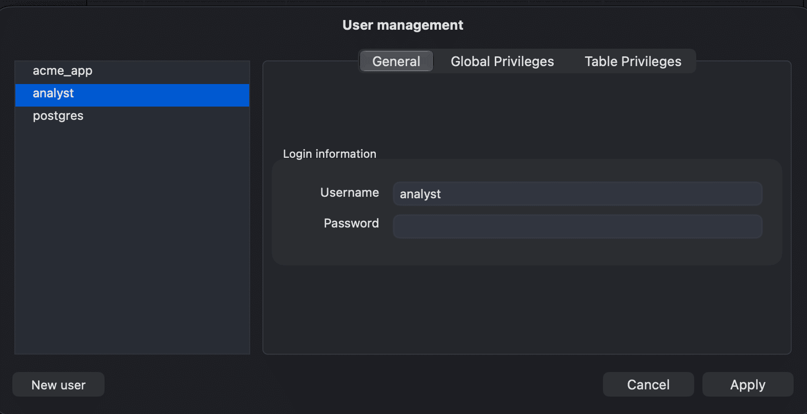 The User Management window for a PostgreSQL connection with the analyst user selected