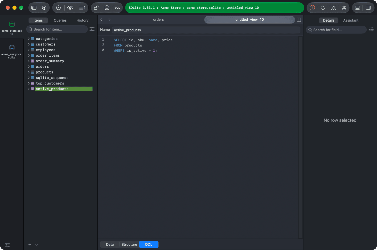 New view in the DDL tab
