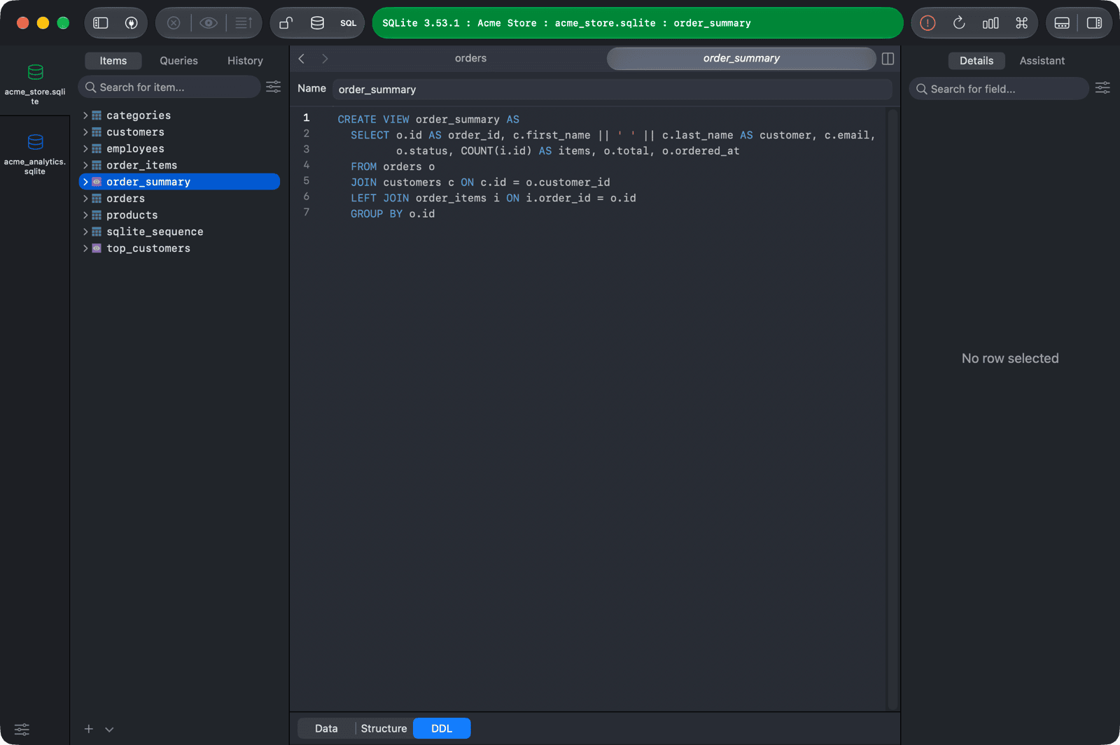 DDL tab of the order_summary view