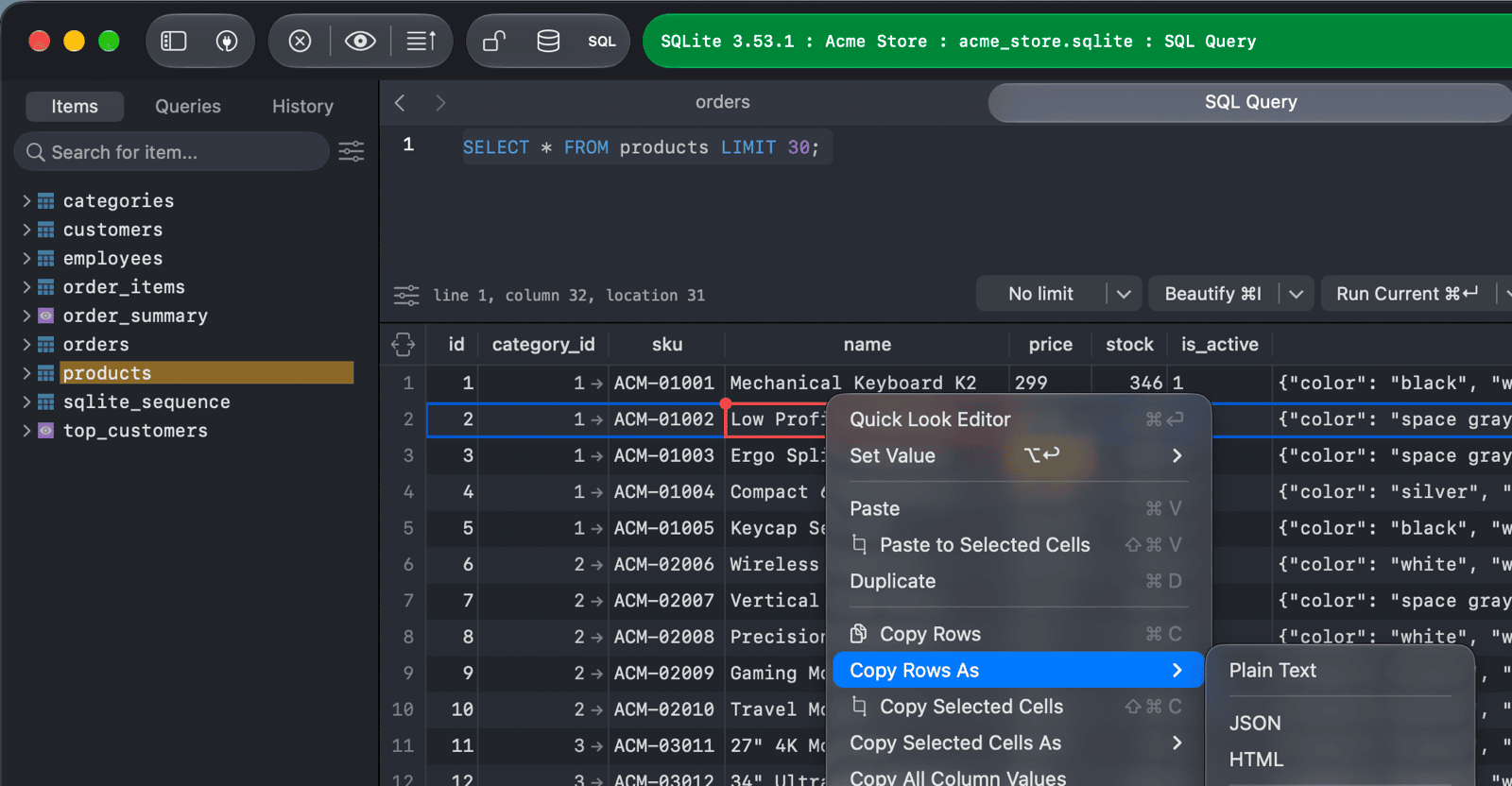 The Copy Rows As submenu on one selected row of a products result