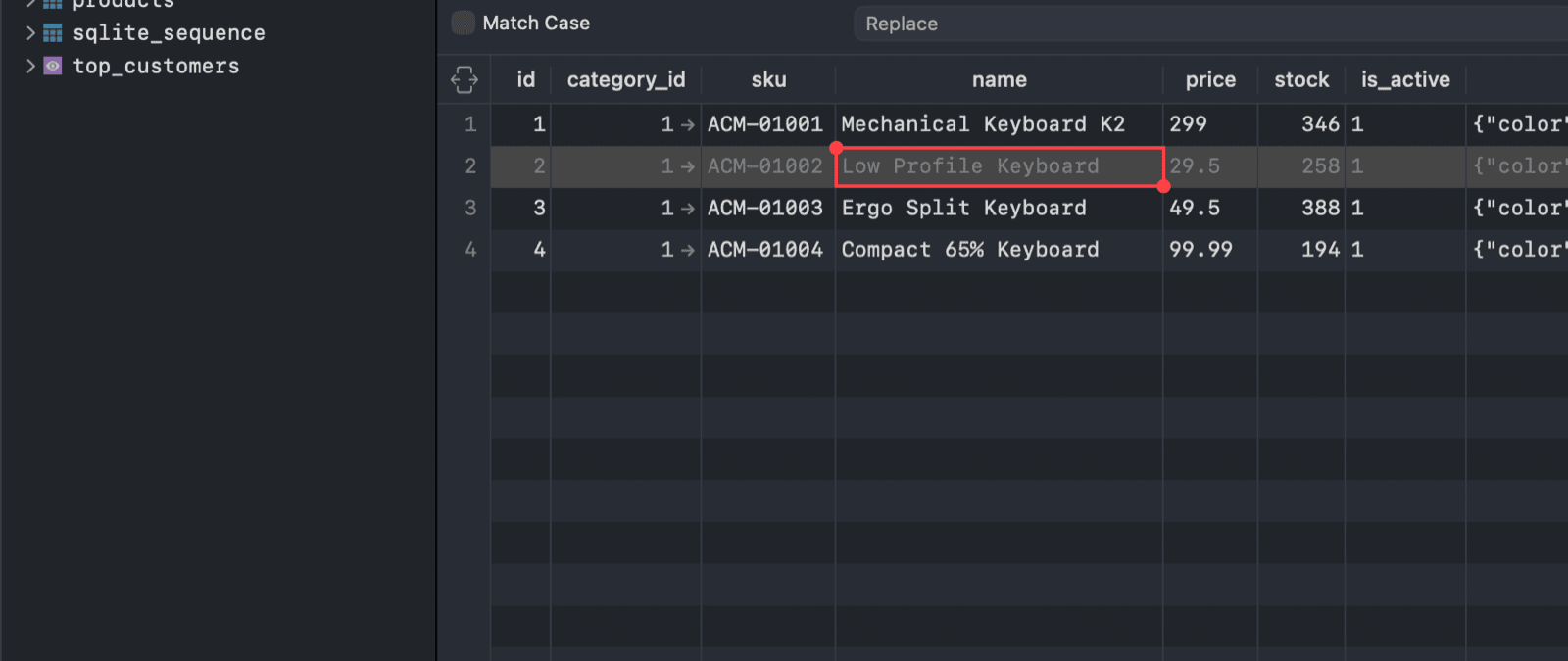 The search pane of a products result with Any column, Contains and keyboard